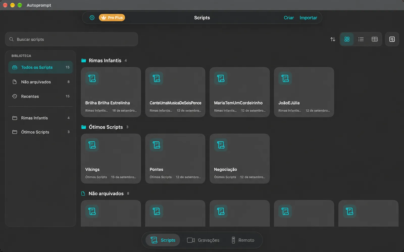 A janela principal do Autoprompt mostrando a biblioteca de Scripts com pastas em uma barra lateral e scripts como tijolos