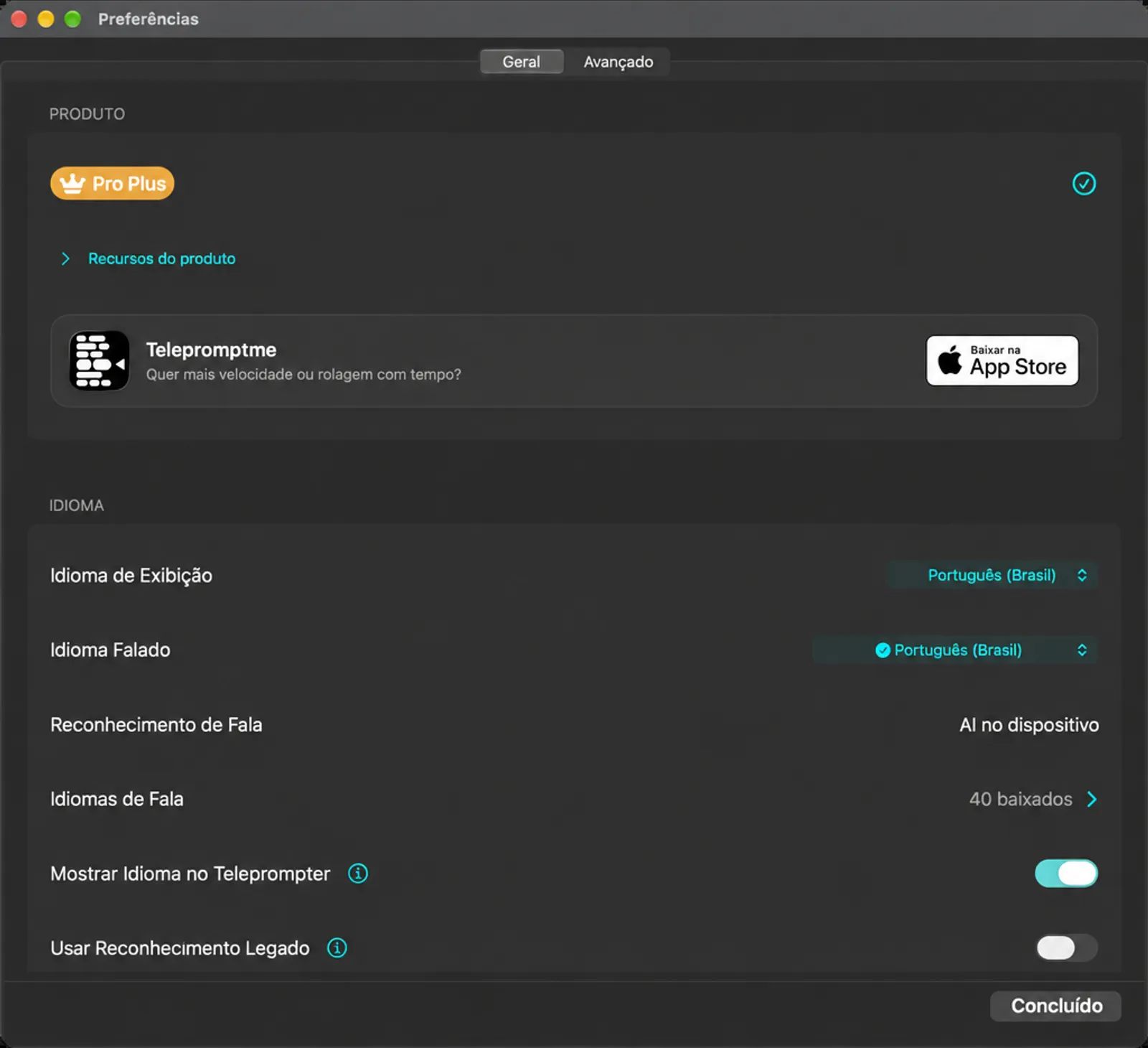 Tab Geral nas Configurações com os cartões Produto e Idioma