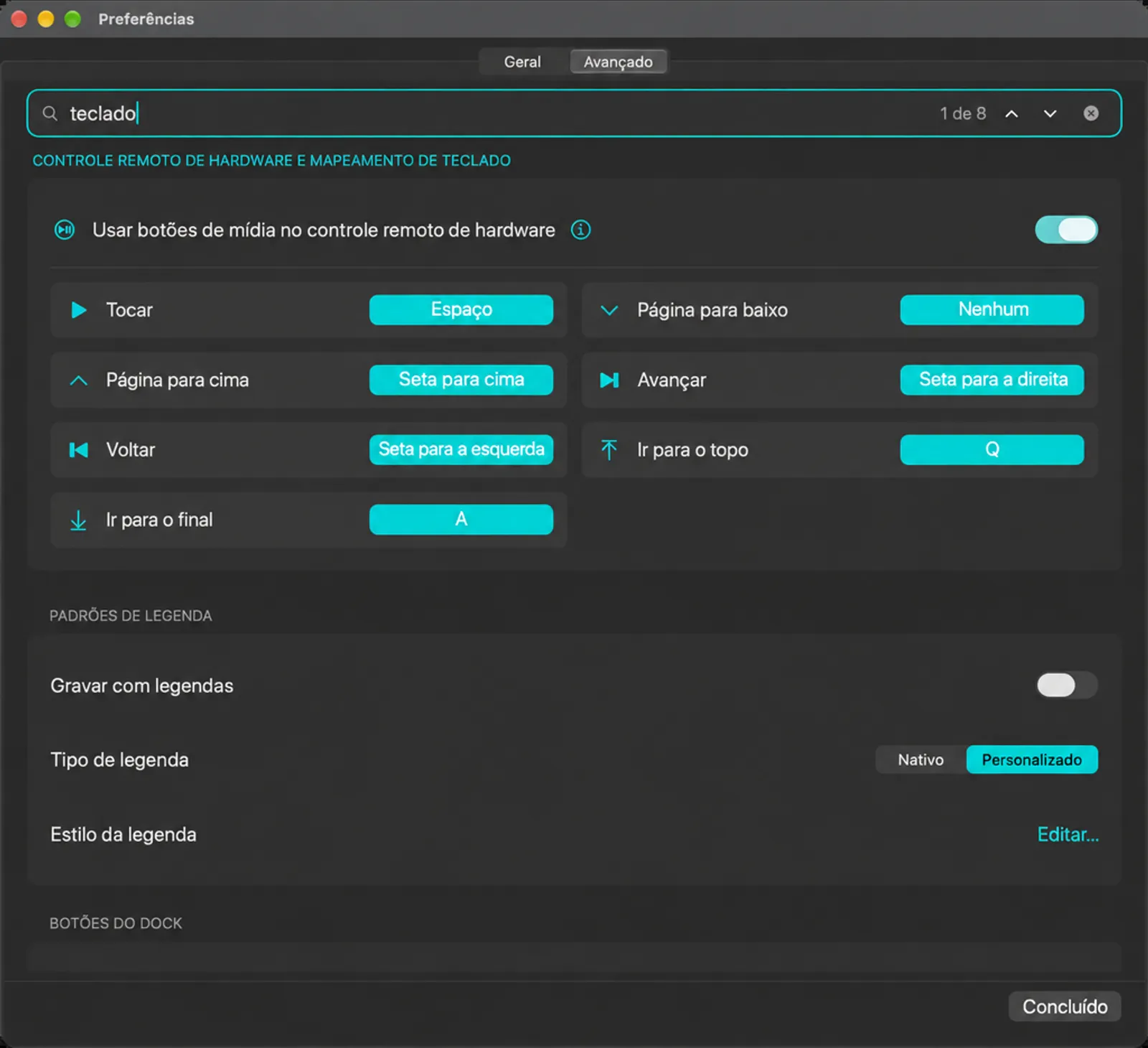 Lista de cartões de mapeamento de controle remoto e teclado de hardware com Play, Página para baixo, Página para cima, Pular para frente, Pular para trás, Pular para cima e Pular para baixo com suas teclas
