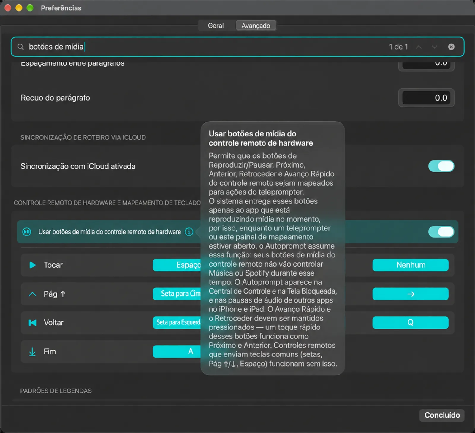 Use os botões de mídia no controle remoto de hardware com o texto de informações aberto
