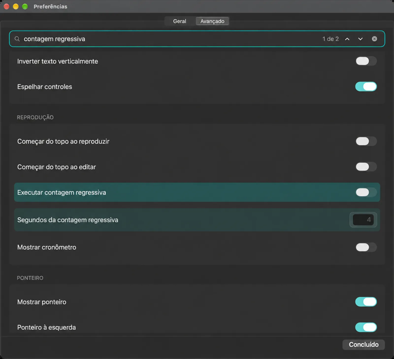 Configurações avançadas pesquisadas para contagem regressiva, com os cartões Reprodução e Ponteiro visíveis