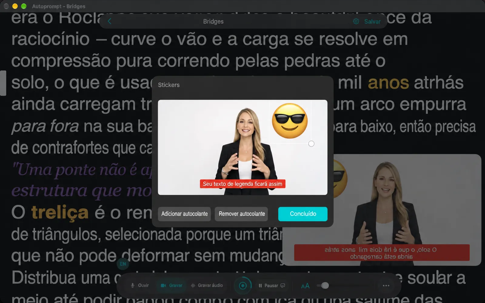 Folha de adesivos com um emoji de óculos de sol colocado na prévia da câmera e botões Adicionar adesivo, Remover adesivo e Pronto