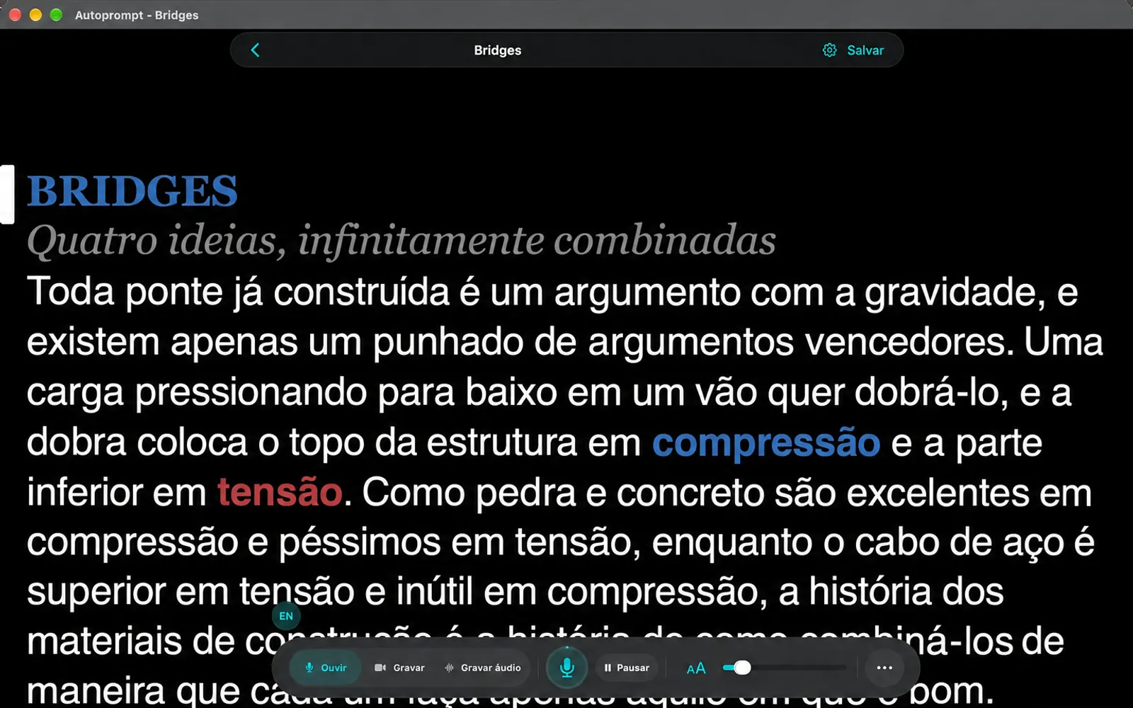 O teleprometor mostrando a trilha sonora de Bridges com a barra de navegação no topo e a barra de ferramentas na parte inferior