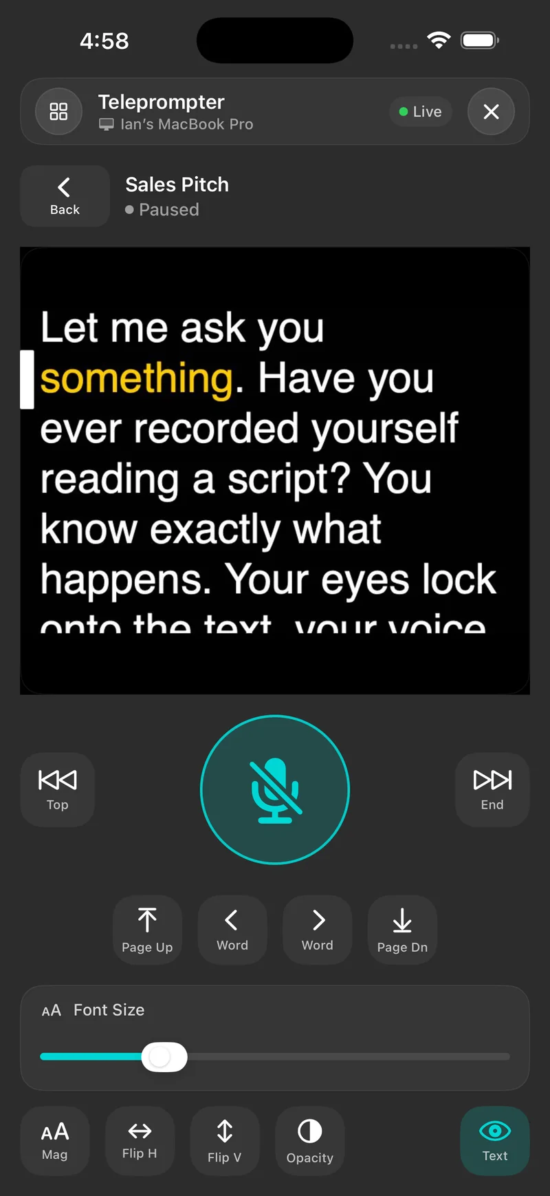 iPhone acting as a remote, showing a live copy of the script, a large microphone button and Top, End, Page, Word, Font Size, Mag, Flip and Opacity controls