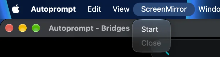 The ScreenMirror menu in the macOS menu bar with Start, Close, Flip, Mirror and Full Screen items