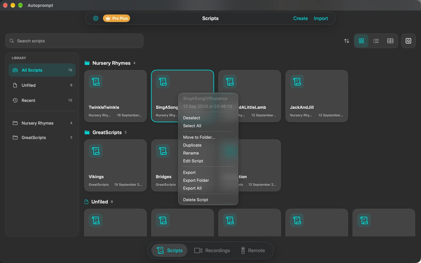 Right-click menu on a script tile listing Select, Select All, Move to Folder, Duplicate, Rename, Edit Script, Export, Export Folder, Export All and Delete Script