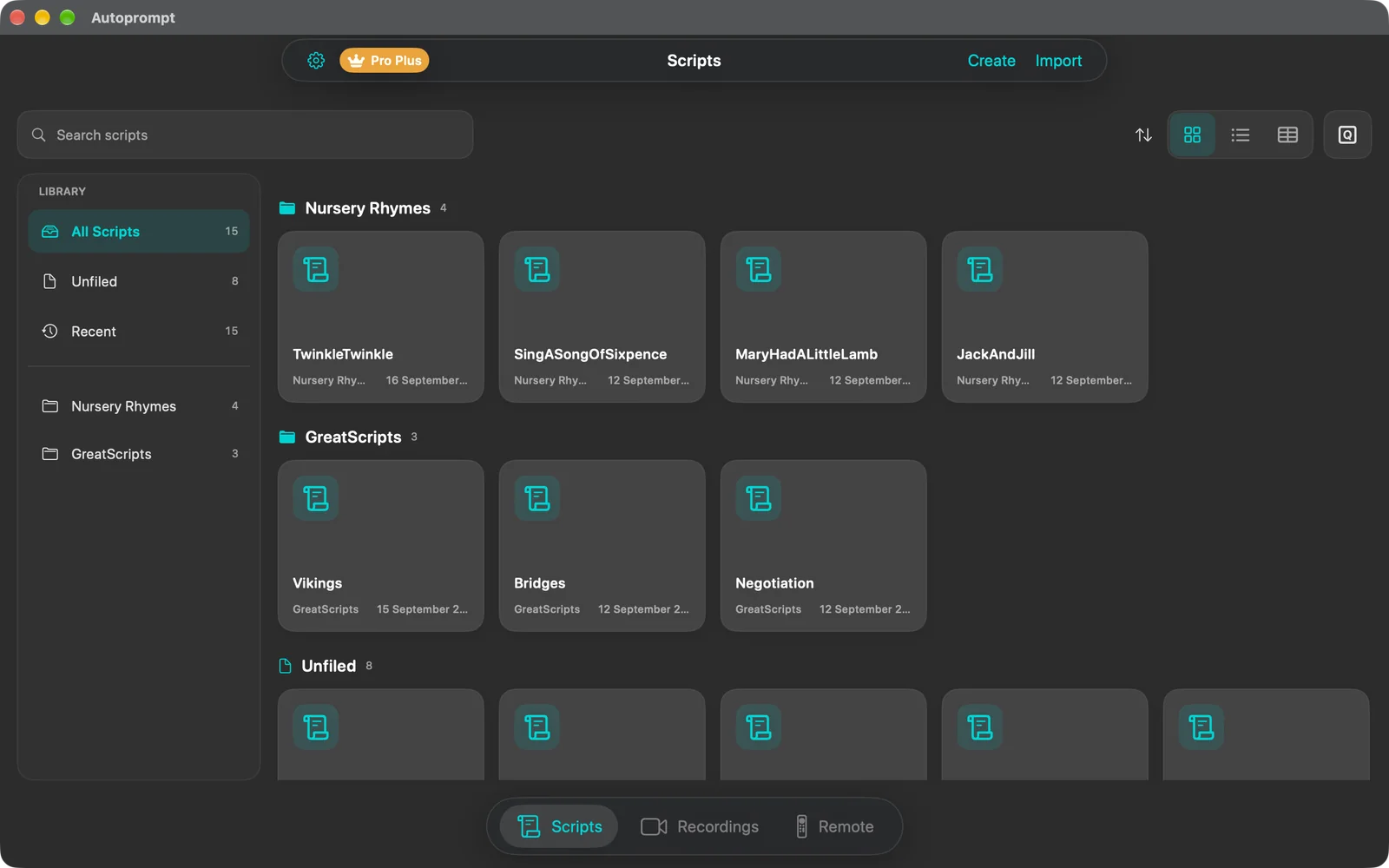 The Autoprompt main window showing the Scripts library with folders in a sidebar and scripts as tiles