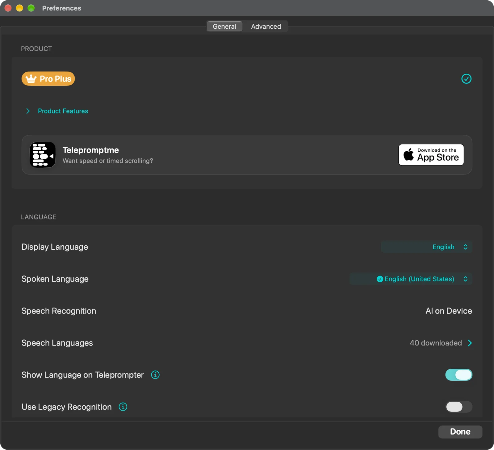 Settings General tab with the Product and Language cards