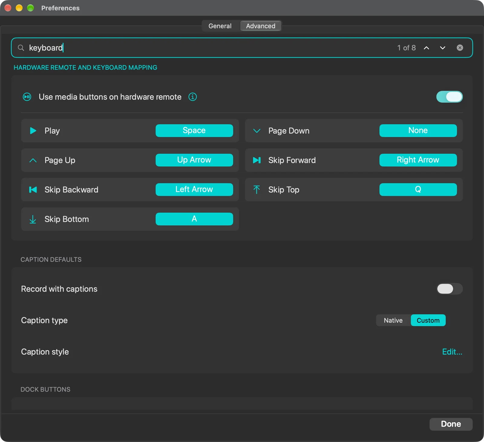 Hardware Remote and Keyboard Mapping card listing Play, Page Down, Page Up, Skip Forward, Skip Backward, Skip Top and Skip Bottom with their keys
