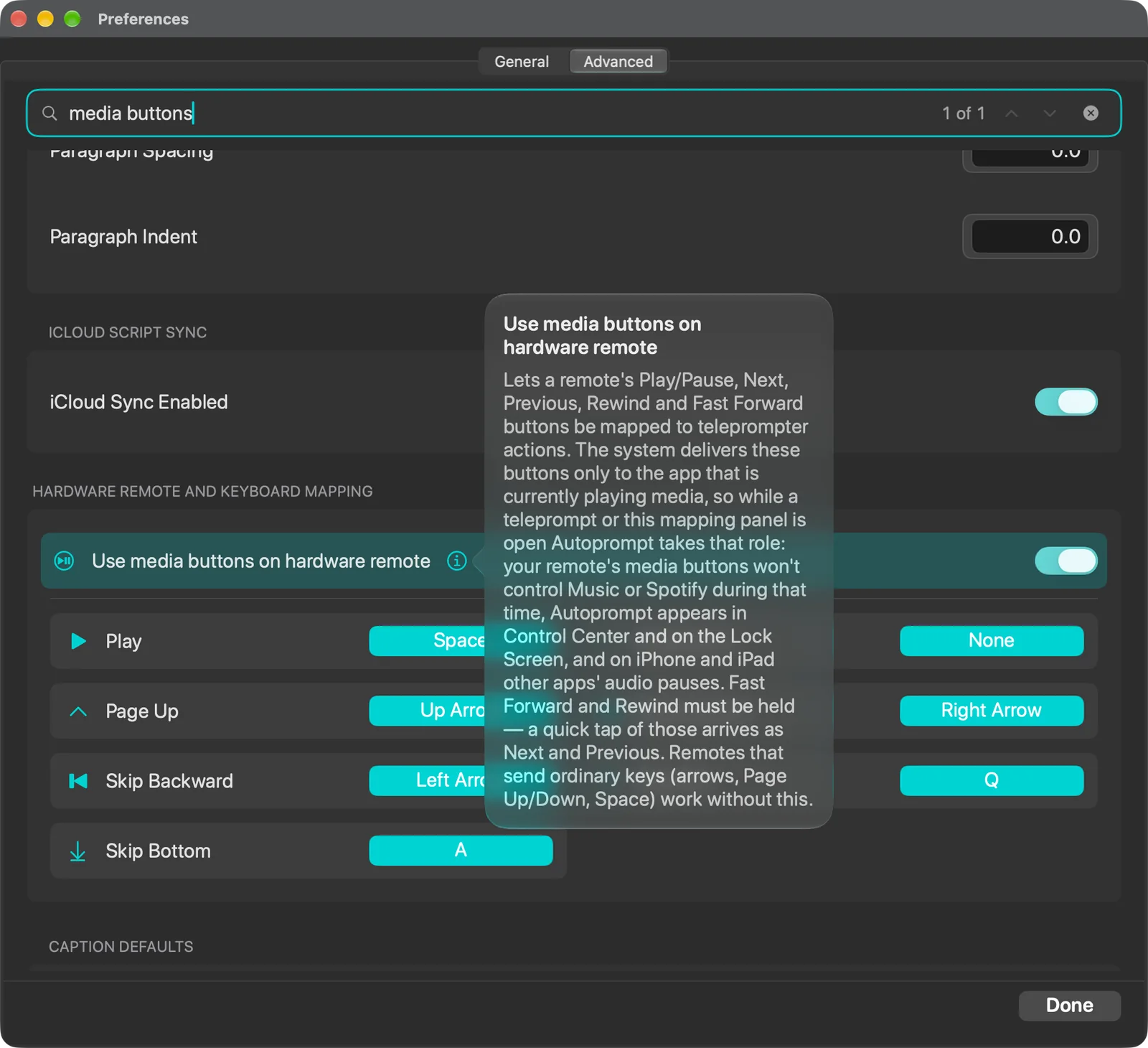 The Use media buttons on hardware remote toggle with its information text open