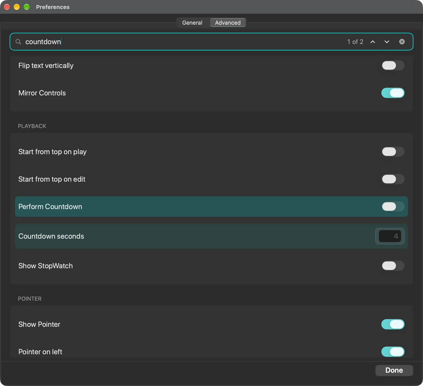 Advanced settings searched for countdown, with the Playback and Pointer cards visible