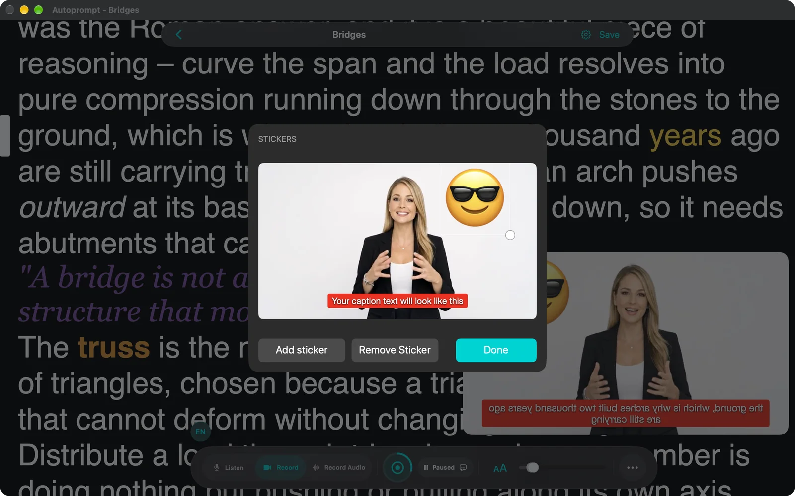 Stickers sheet with a sunglasses emoji placed on the camera preview and Add sticker, Remove Sticker and Done buttons
