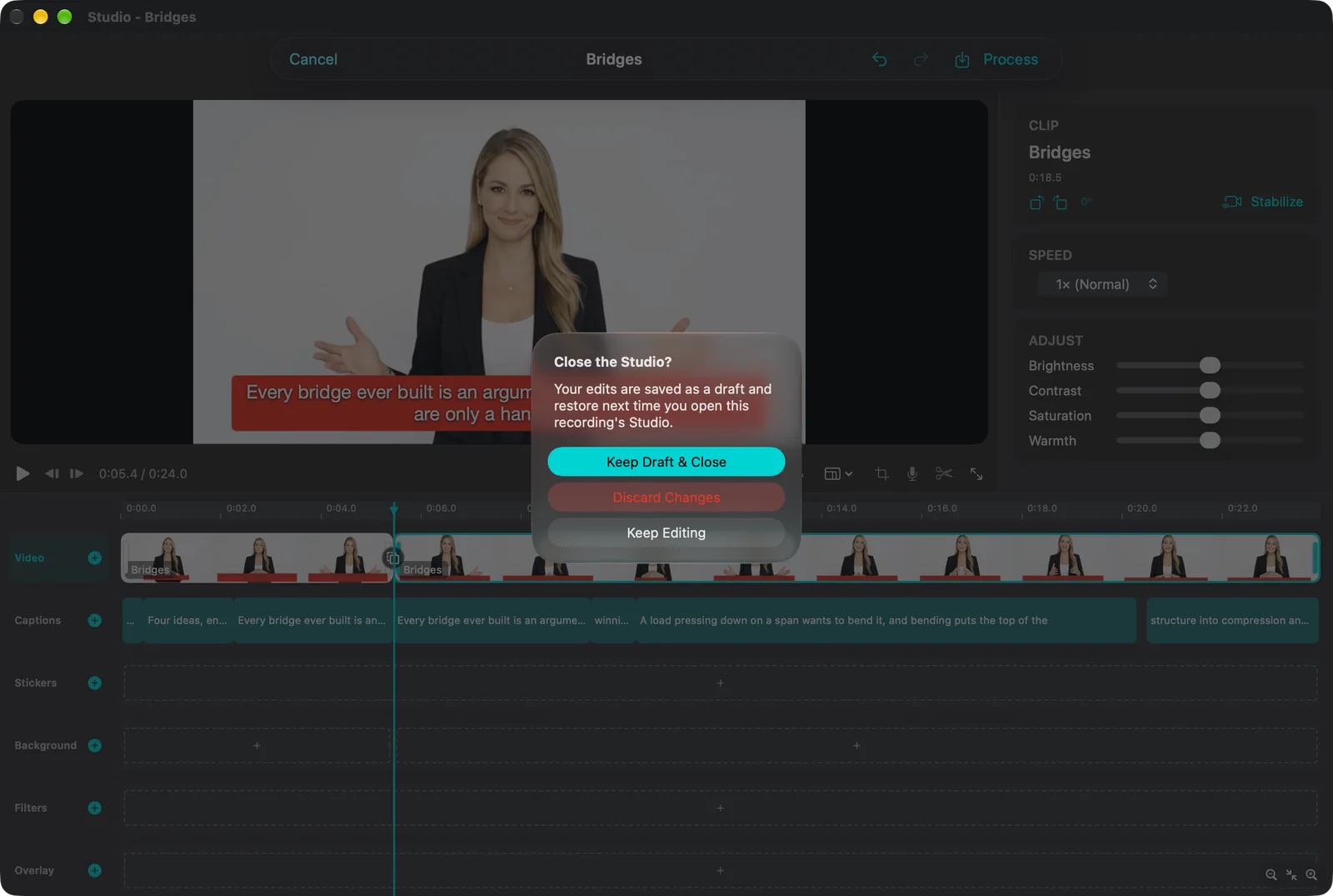 Close the Studio dialog with Keep Draft and Close, Discard Changes and Keep Editing buttons