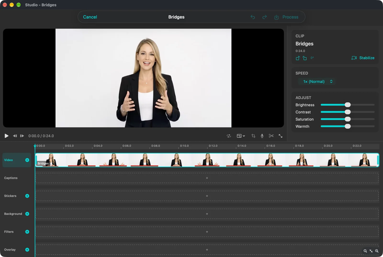 Studio window with the preview top left, inspector on the right and a multi-row timeline underneath