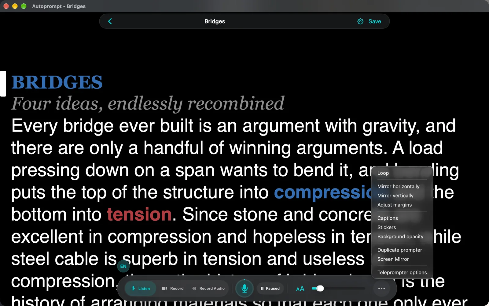 More menu listing Loop, Mirror horizontally, Mirror vertically, Adjust margins, Captions, Stickers, Background opacity, Duplicate prompter, Screen Mirror and Teleprompter options