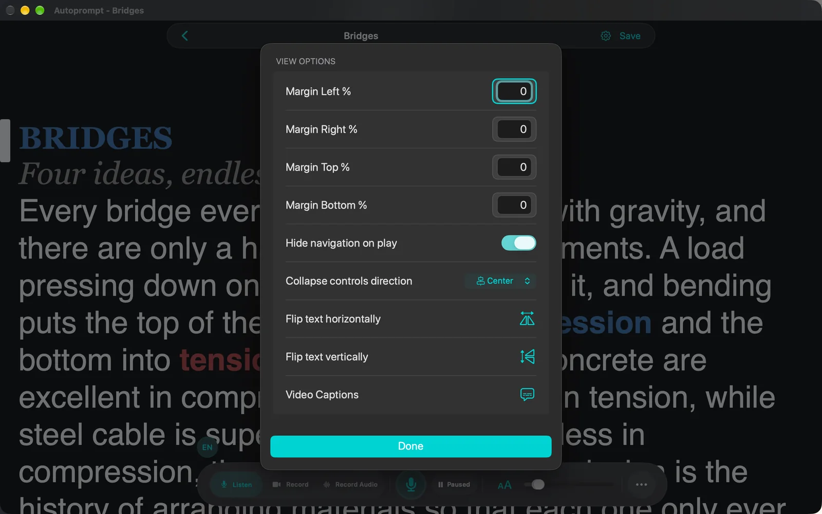 View Options sheet with margin percentages, Hide navigation on play, Collapse controls direction, Flip text and Video Captions