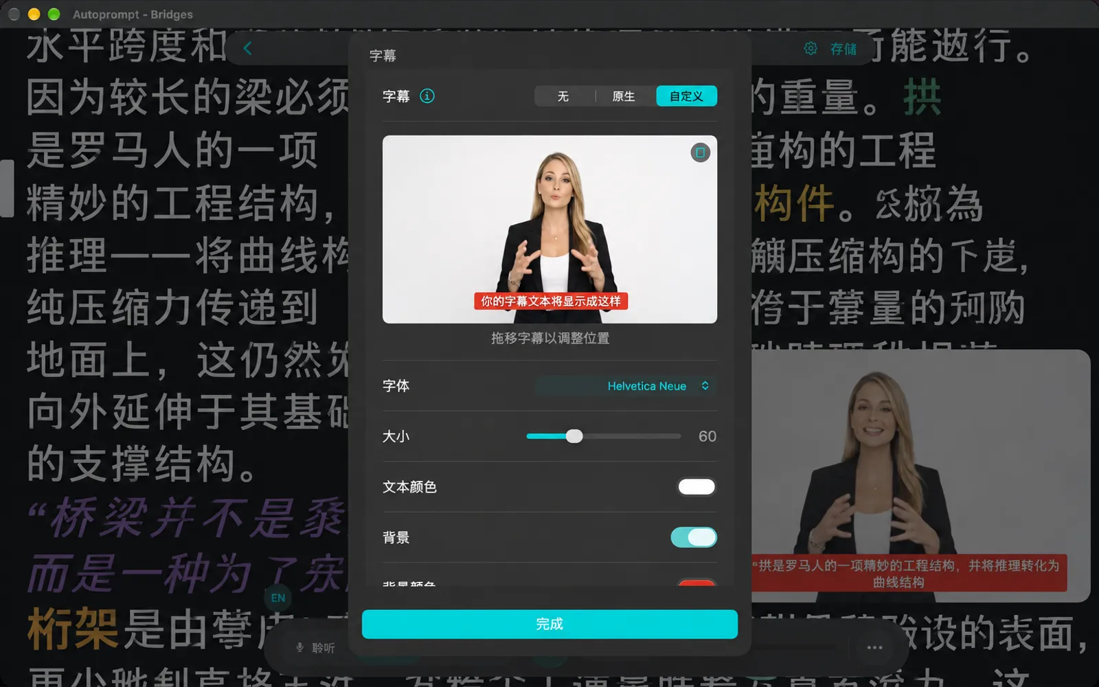 字幕面板，含“无”“原生”“自定义”、预览，以及字体、大小、颜色和背景选项