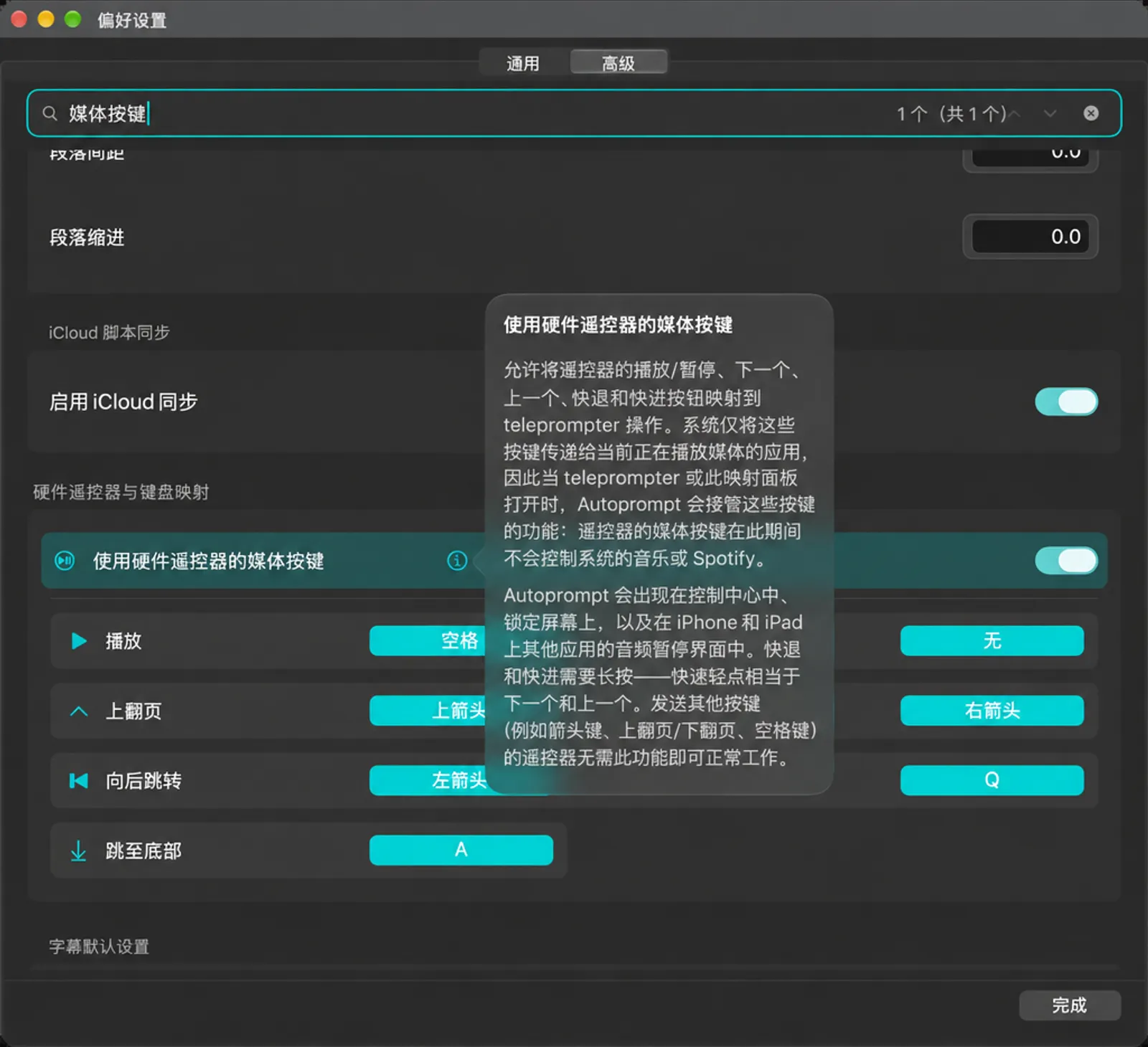 “使用硬件遥控器的媒体按键”开关，其说明文字已展开