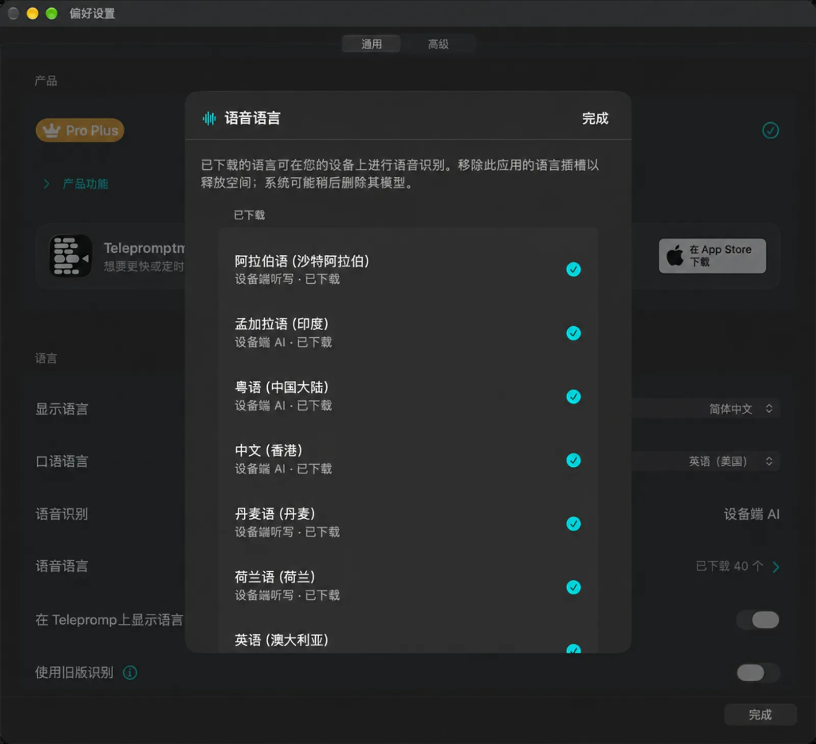 “语音语言”面板，列出已下载的语言以及每种语言的识别方式