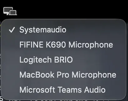 Das Menü der Audioquelle wird geöffnet, wobei oben System-Audio angezeigt wird, gefolgt von den verfügbaren Mikrofonen.