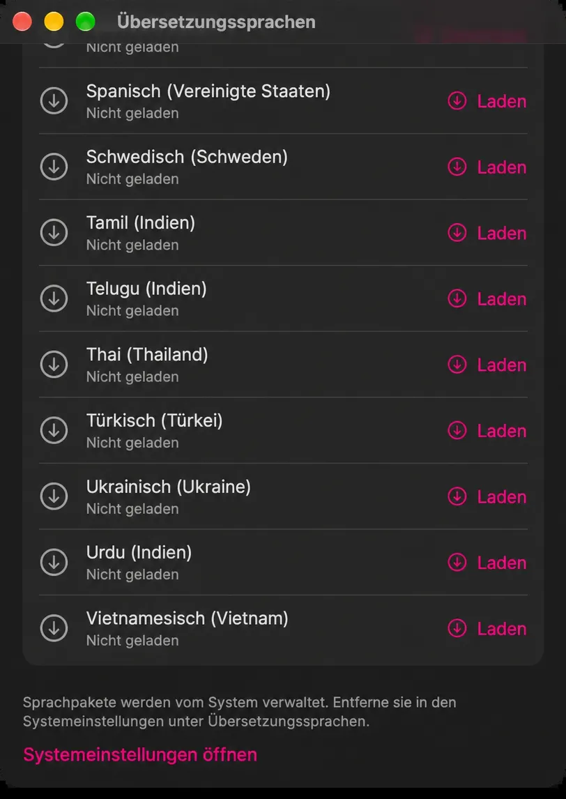 Das Fenster „Übersetzungssprachen“ scrollte zu Sprachen, die nicht installiert sind, jede mit einem Download-Button, über dem Fußzeilenhinweis und dem Button „Systemeinstellungen öffnen“.