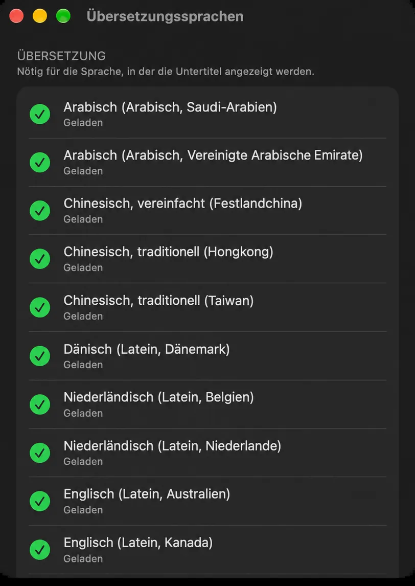 Das Fenster „Übersetzungssprachen“ mit den Abschnitten „Übersetzung“ und „Spracherkennung“, wobei jede Sprache ihren Downloadzustand anzeigt