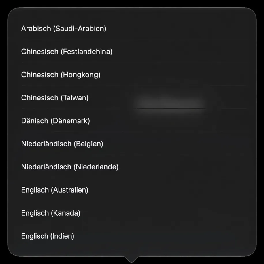 Die Sprachliste „Von“ öffnet sich als Popover und zeigt Sprachen mit einem Häkchen neben der aktuellen an.