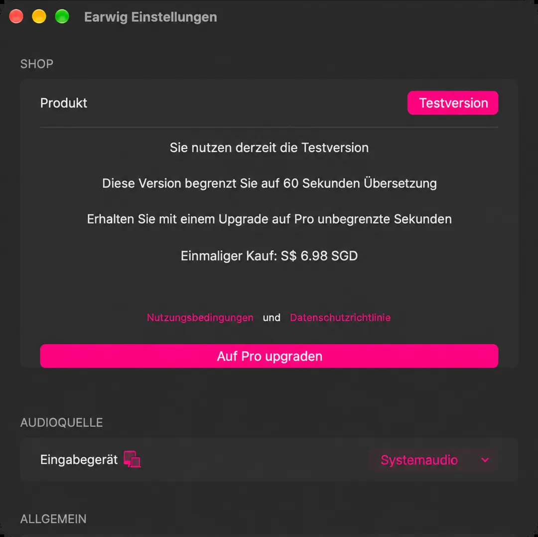 Der Bereich „Shop“ oben in den Einstellungen von Earwig, der das Testabzeichen, das Limit von sechzig Sekunden, den einmaligen Preis und einen Button zum Upgrade auf Pro anzeigt.