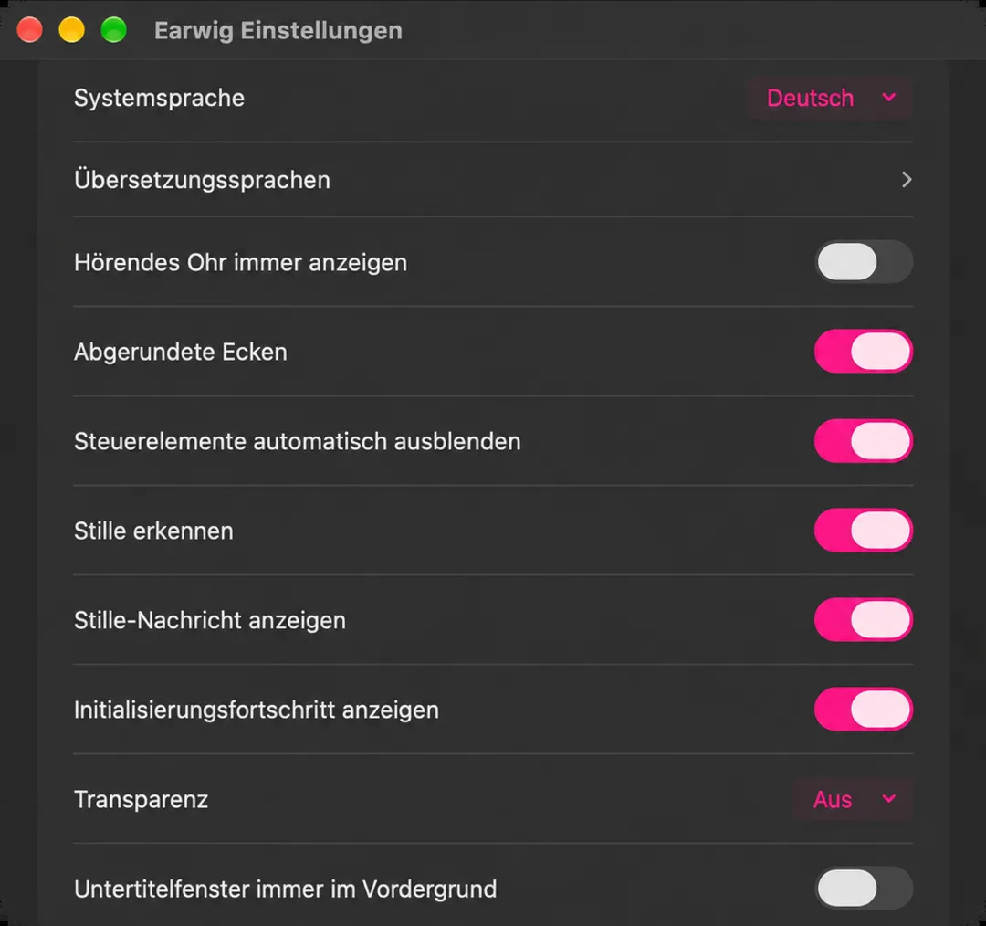 Das Earwig-Einstellungenfenster, das die Abschnitte Store, Audioquelle, Allgemein und Untertitel anzeigt