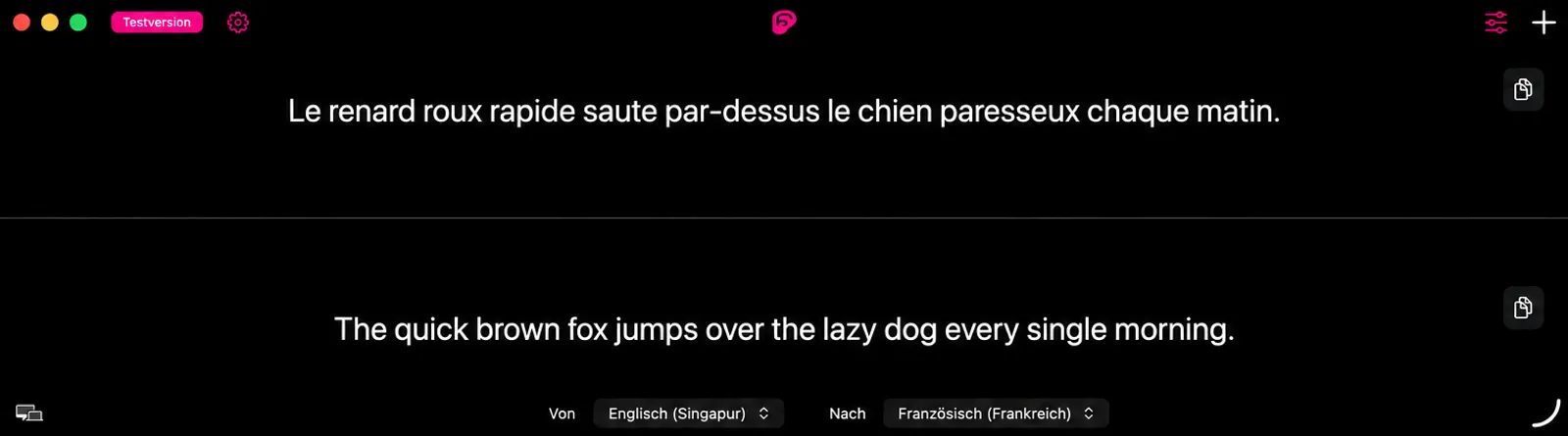 Das Untertitelfenster ist horizontal aufgeteilt, übersetzter Text über einer dünnen Linie und Originalsprachtext unten