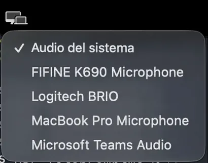 Se abre el menú de la fuente de audio, mostrando Audio del sistema en la parte superior seguido de los micrófonos disponibles.