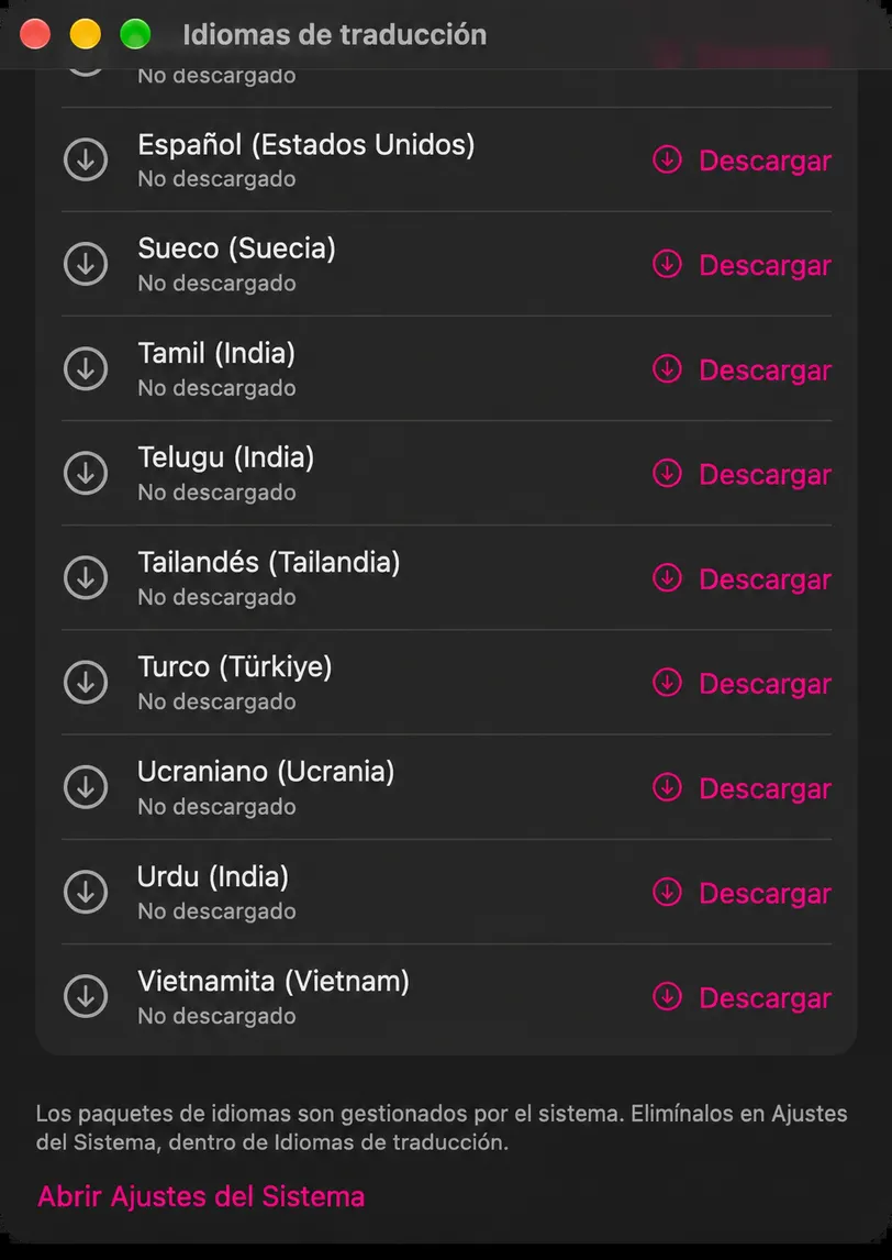 La ventana Idiomas de traducción se desplazó hasta los idiomas que no están instalados, cada uno con un botón Descargar, sobre la nota del pie de página y el botón Abrir Configuración del sistema.