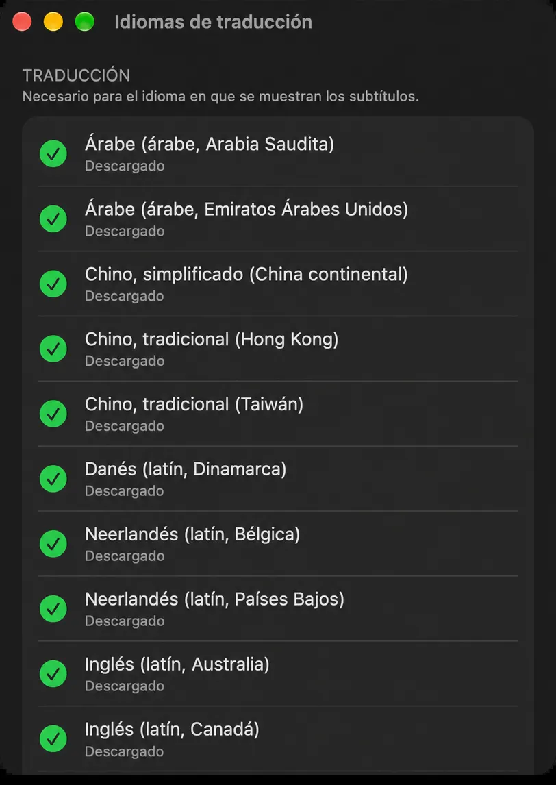 La ventana Idiomas de traducción con secciones de reconocimiento de traducción y voz, cada idioma mostrando su estado de descarga