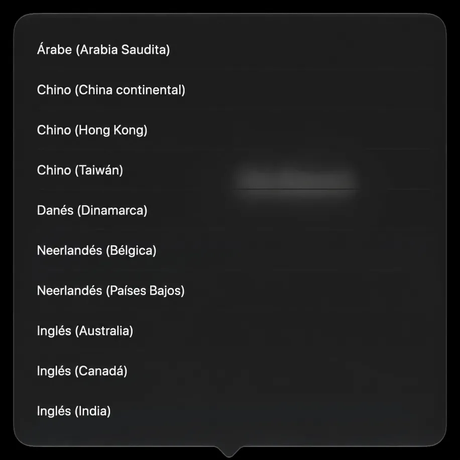 La lista de idiomas de origen se abre como un popover, mostrando los idiomas con una marca de verificación contra el actual.