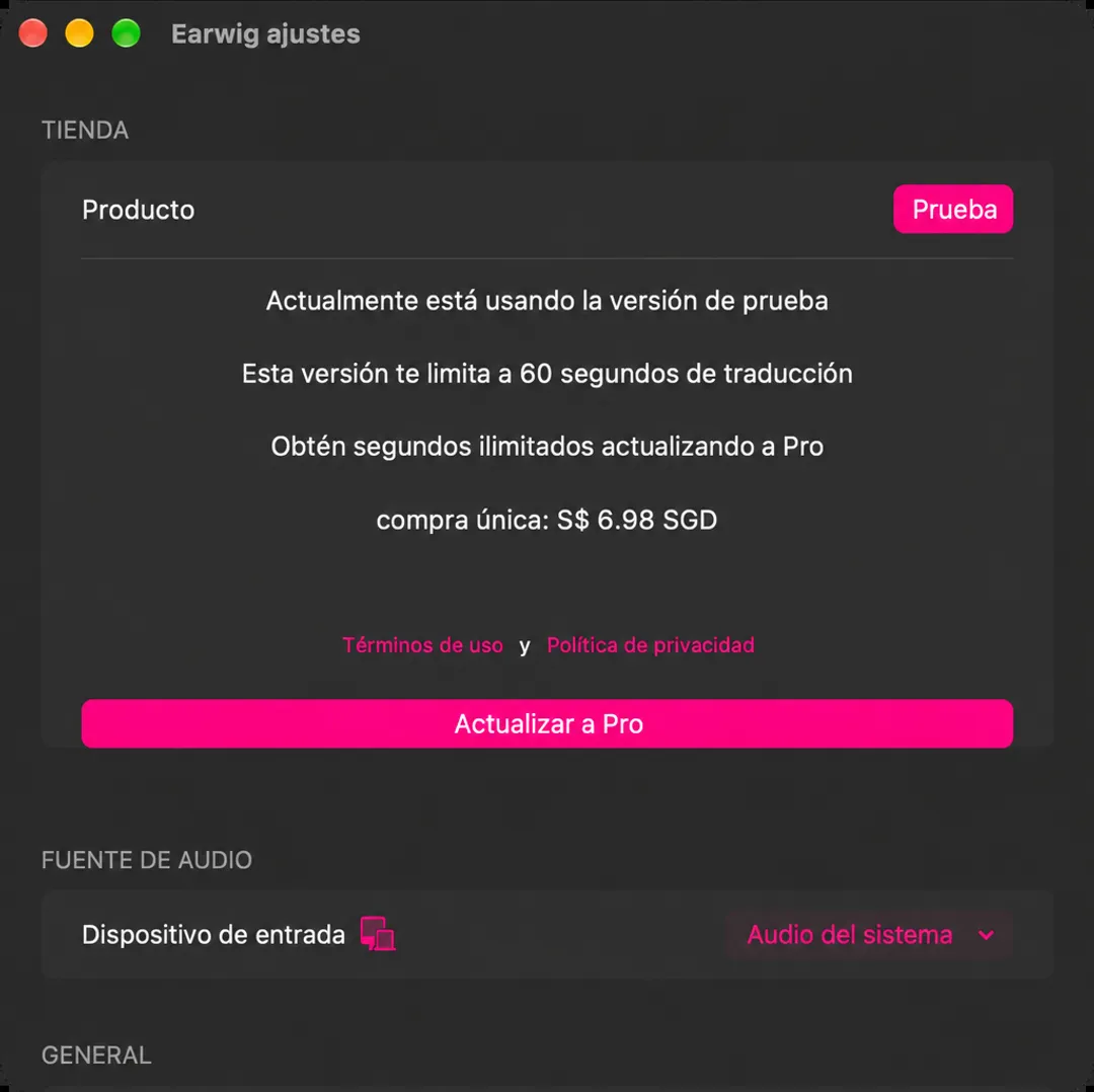 La sección Tienda en la parte superior de la configuración de Earwig, que muestra la insignia de prueba, el límite de sesenta segundos, el precio único y un botón de Actualización a Pro