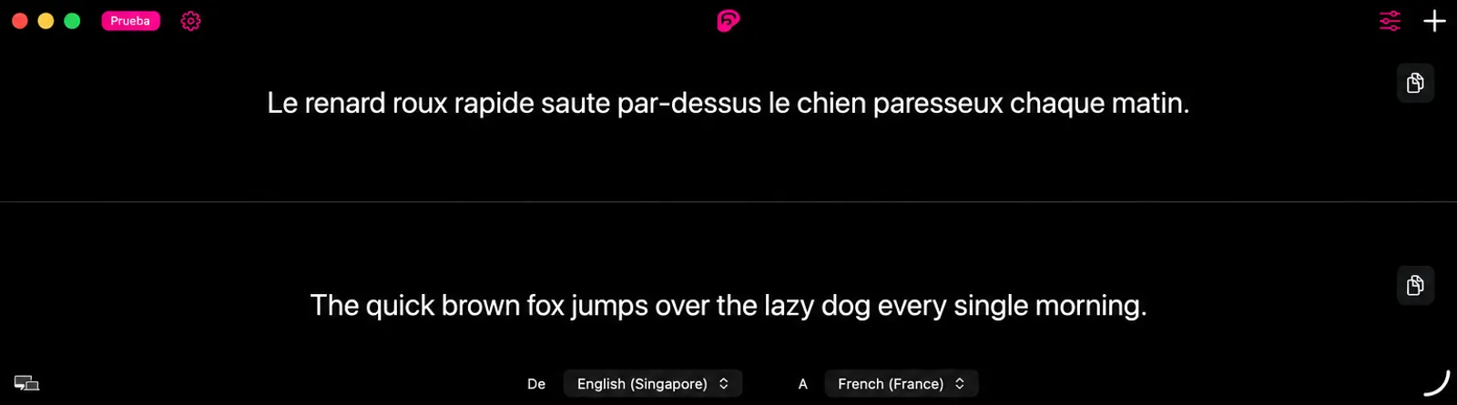 La ventana de subtítulos se divide horizontalmente, el texto traducido sobre una línea delgada y el texto en idioma original debajo.