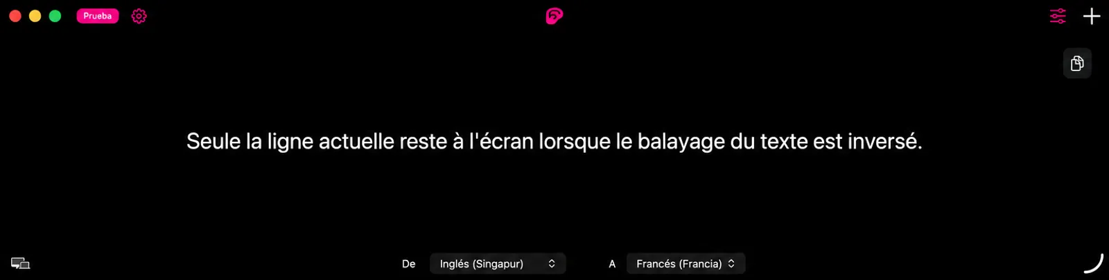 La ventana de subtítulos con el texto en movimiento desactivado, que muestra solo la oración que se está hablando actualmente