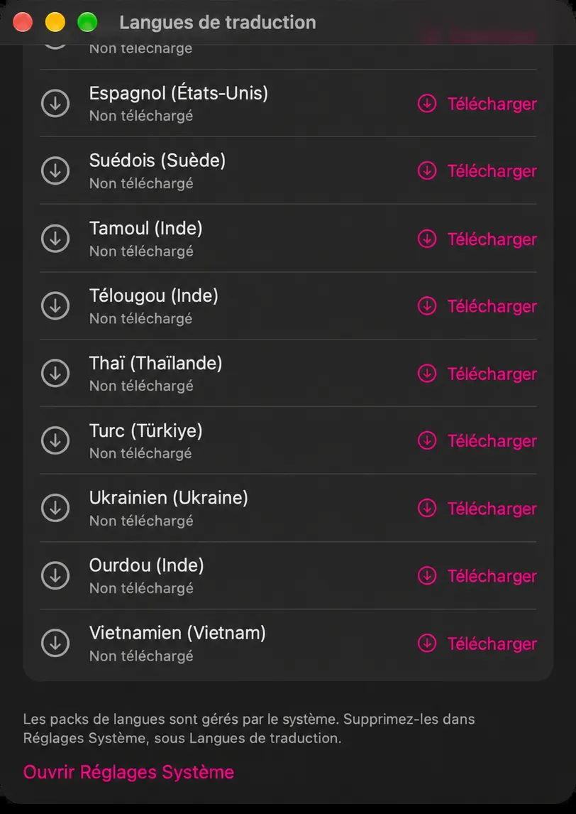 La fenêtre Langues de traduction a été balayée vers les langues qui ne sont pas installées, chacune avec un bouton Télécharger, au-dessus de la note de pied et du bouton Ouvrir les paramètres du système.