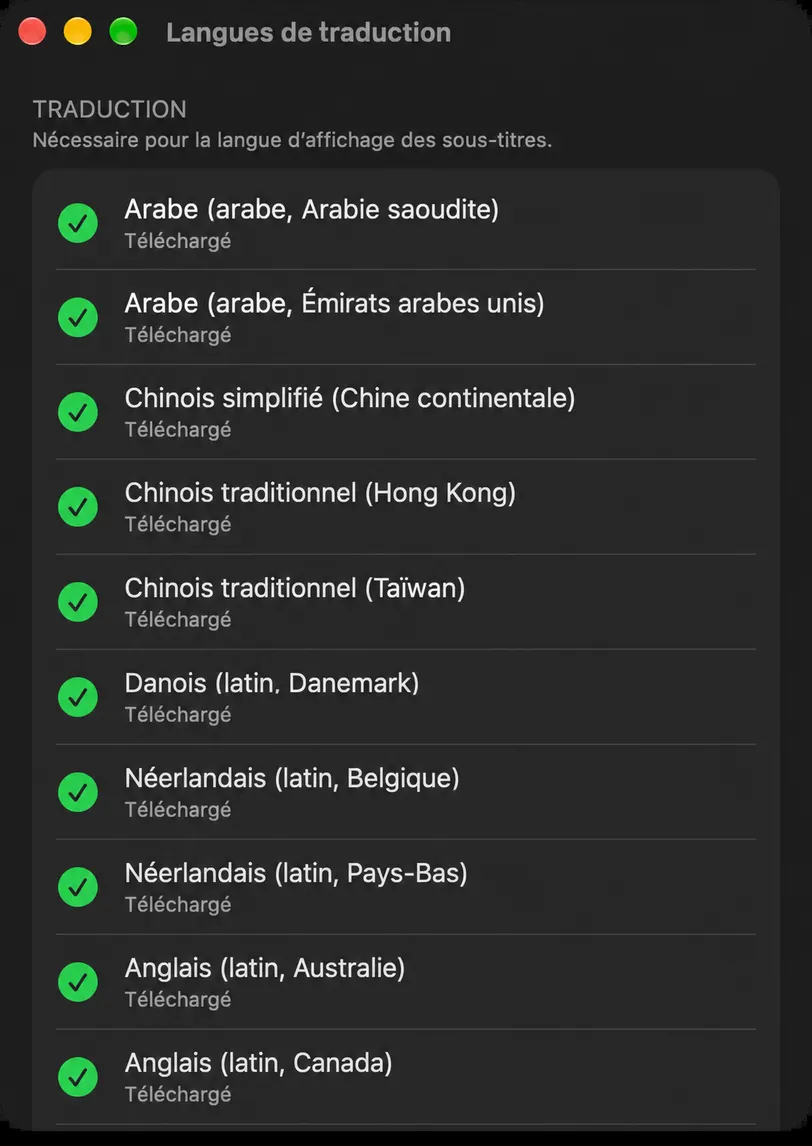La fenêtre Langues de traduction avec les sections de reconnaissance de traduction et de parole, chaque langue affichant son état de téléchargement