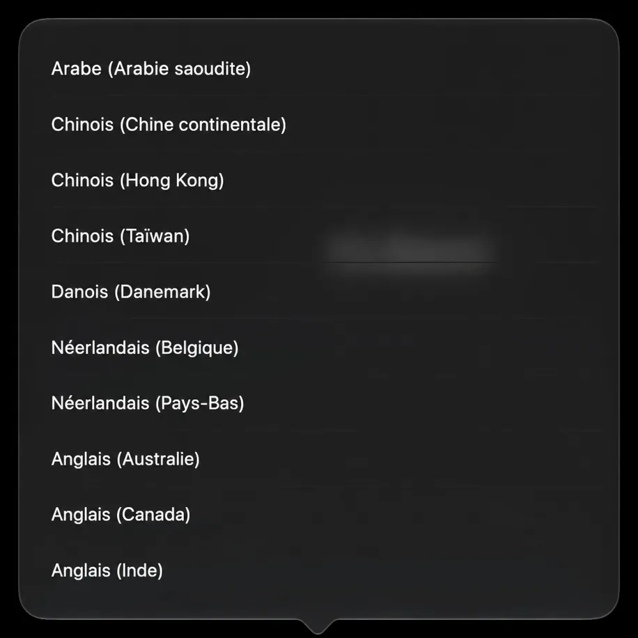 La liste des langues «De» s'ouvre en pop-over, affichant les langues avec une coche à côté de celle actuelle.