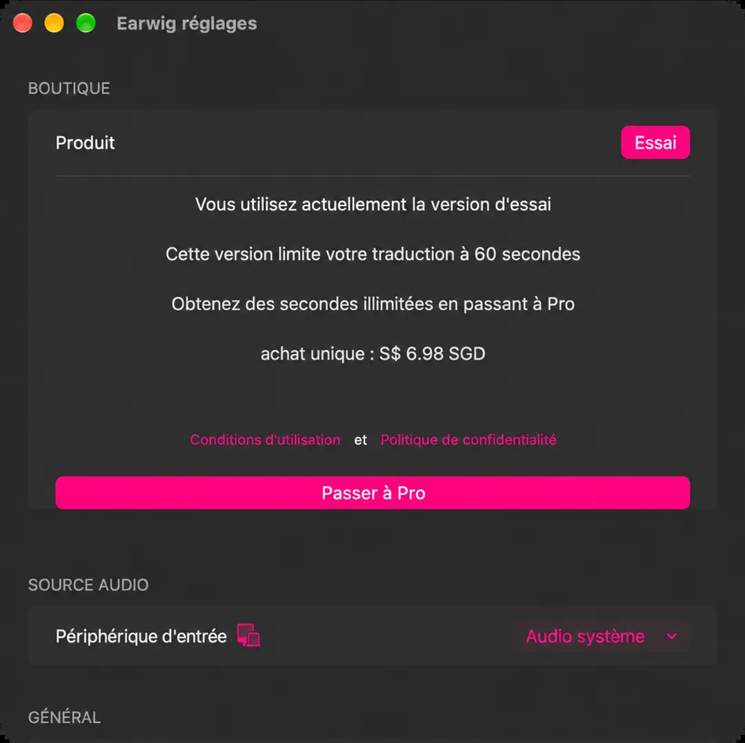 La section Boutique en haut des paramètres de Earwig, affichant le badge d'essai, la limite de soixante secondes, le prix unique et un bouton Mise à niveau Pro