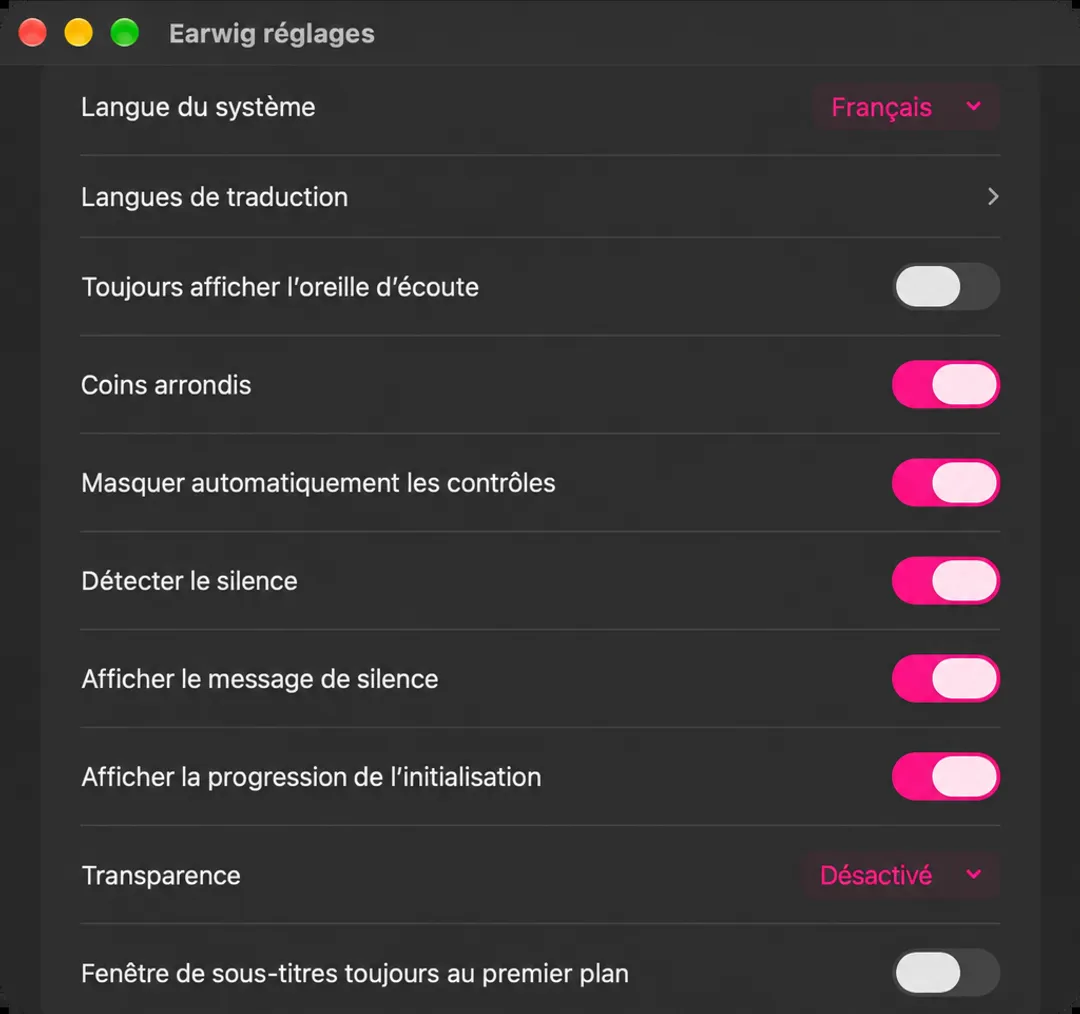 La fenêtre de paramètres Earwig affichant les sections Boutique, Source audio, Général et Sous-titres