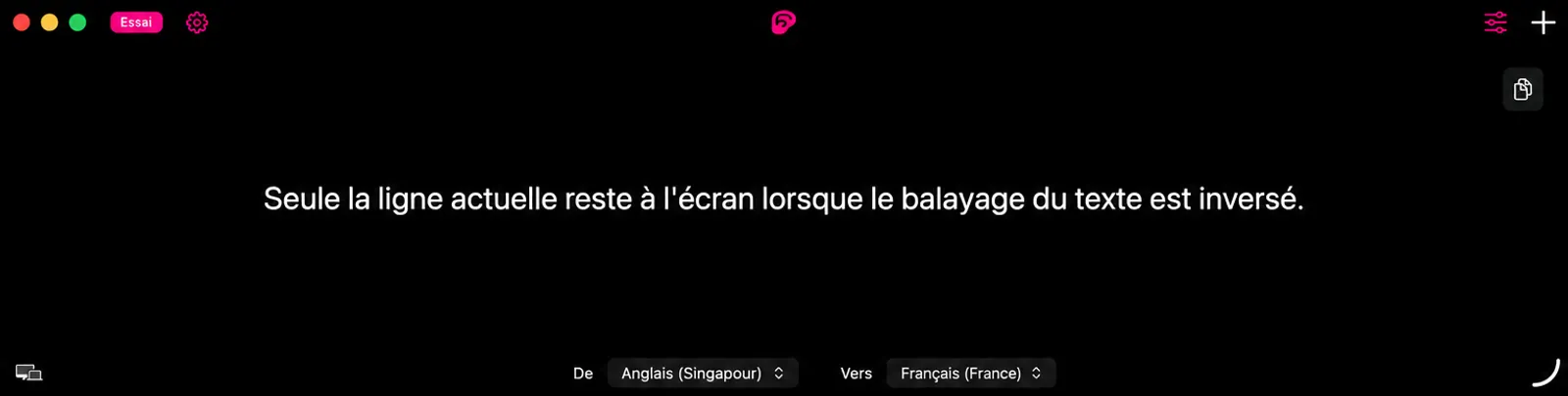 La fenêtre de sous-titres avec le texte en défilement désactivé, affichant uniquement la phrase actuellement parlée