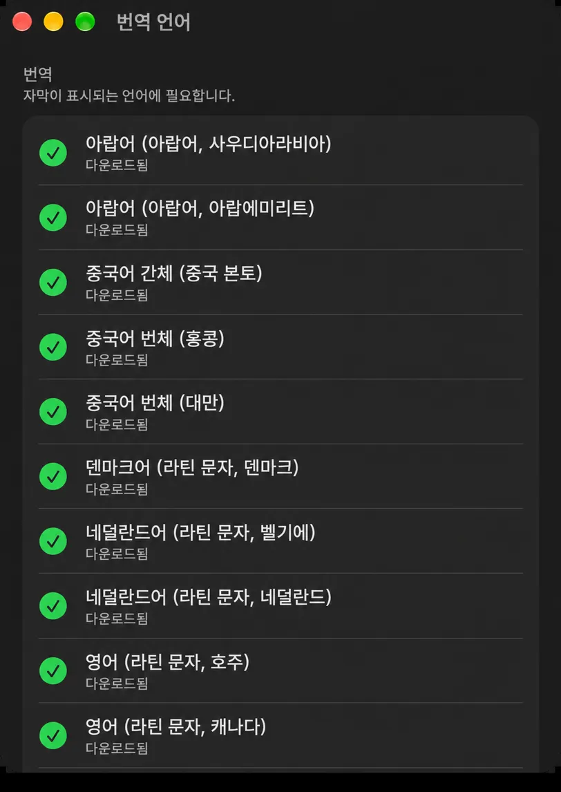 번역 언어 창에는 번역 및 음성 인식 섹션이 있으며, 각 언어는 다운로드 상태를 표시합니다.