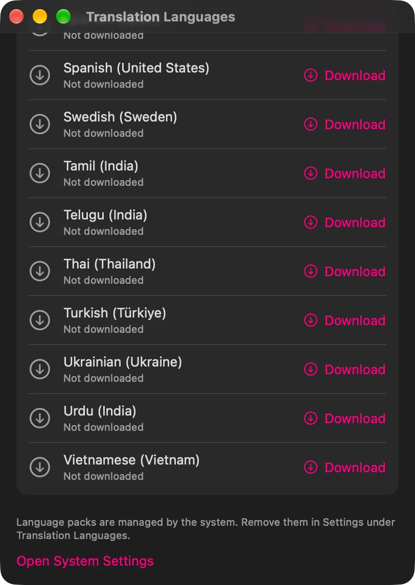 The Translation Languages window scrolled to languages that are not installed, each with a Download button, above the footer note and the Open System Settings button