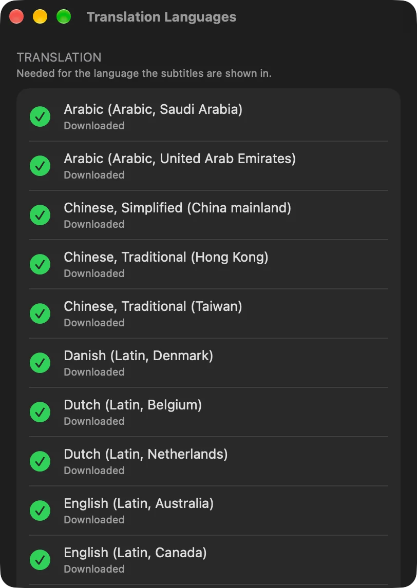The Translation Languages window with Translation and Speech recognition sections, each language showing its download state