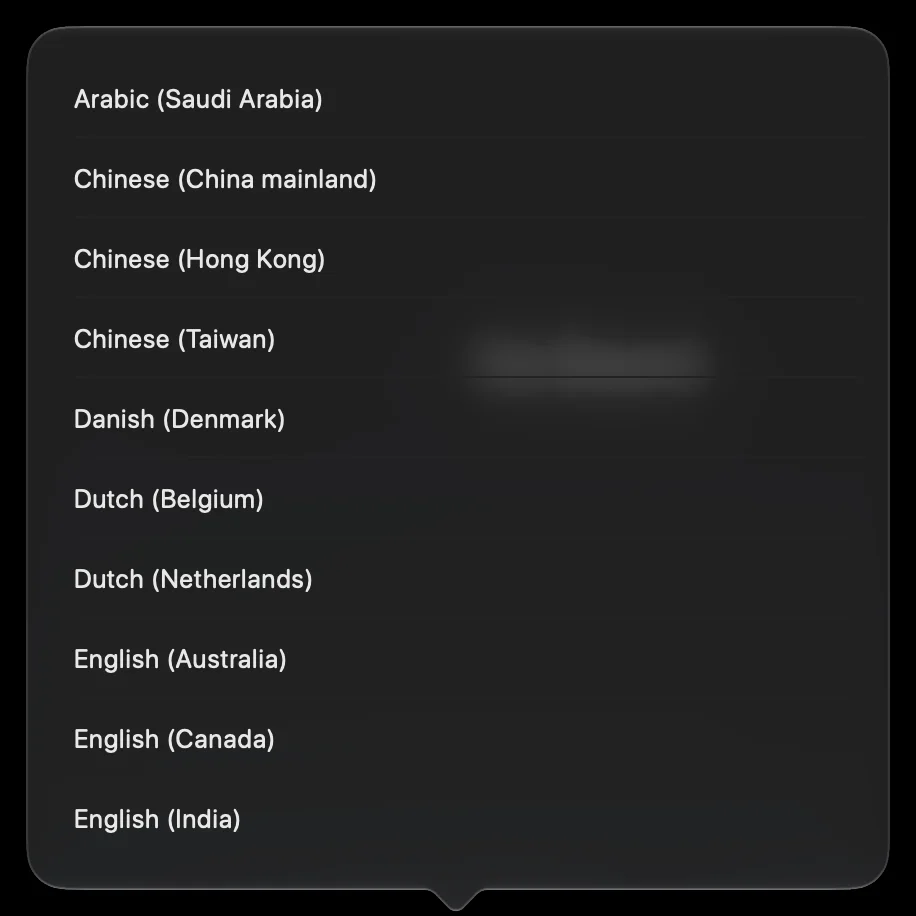 The From language list open as a popover, showing languages with a checkmark against the current one