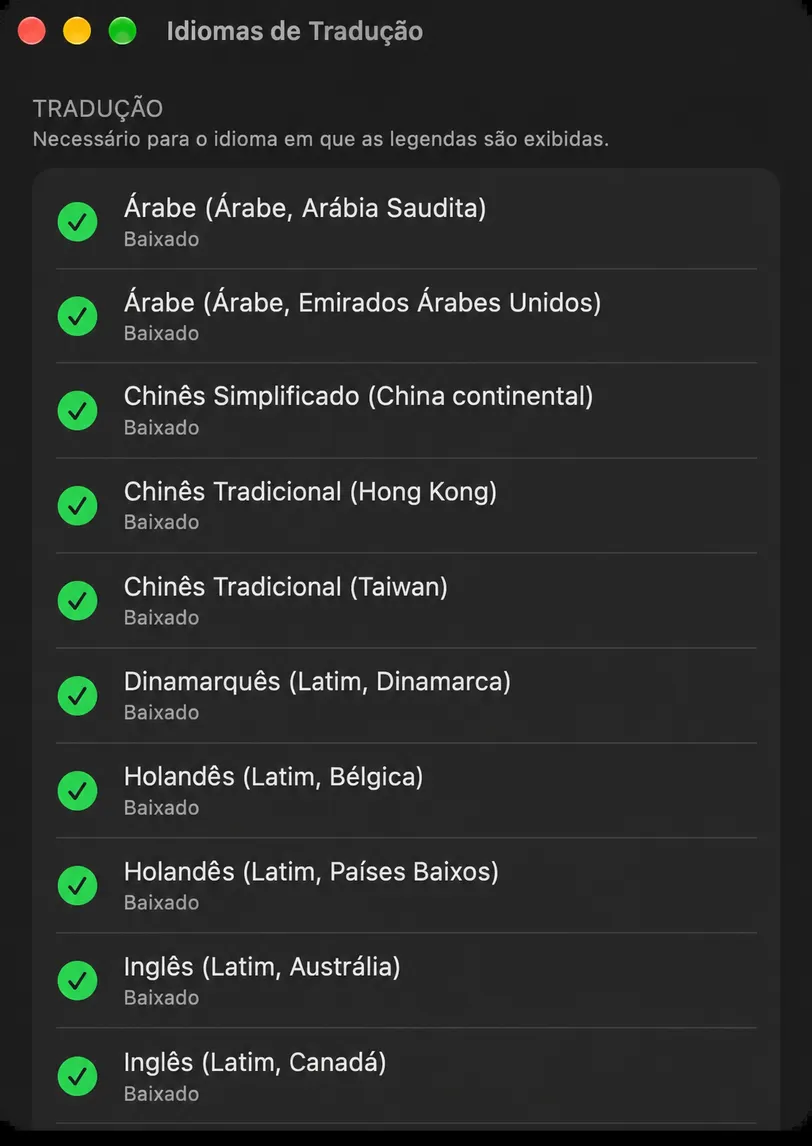 A janela Idiomas de Tradução com seções de Reconhecimento de Tradução e Fala, cada idioma mostrando seu estado de download