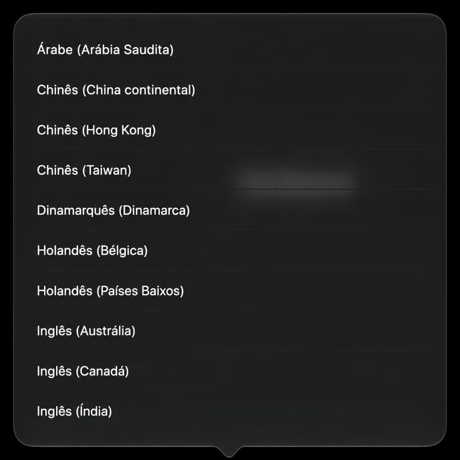 A lista de idiomas de "De" abre como uma aba pop-up, mostrando idiomas com uma marca de seleção contra o atual.