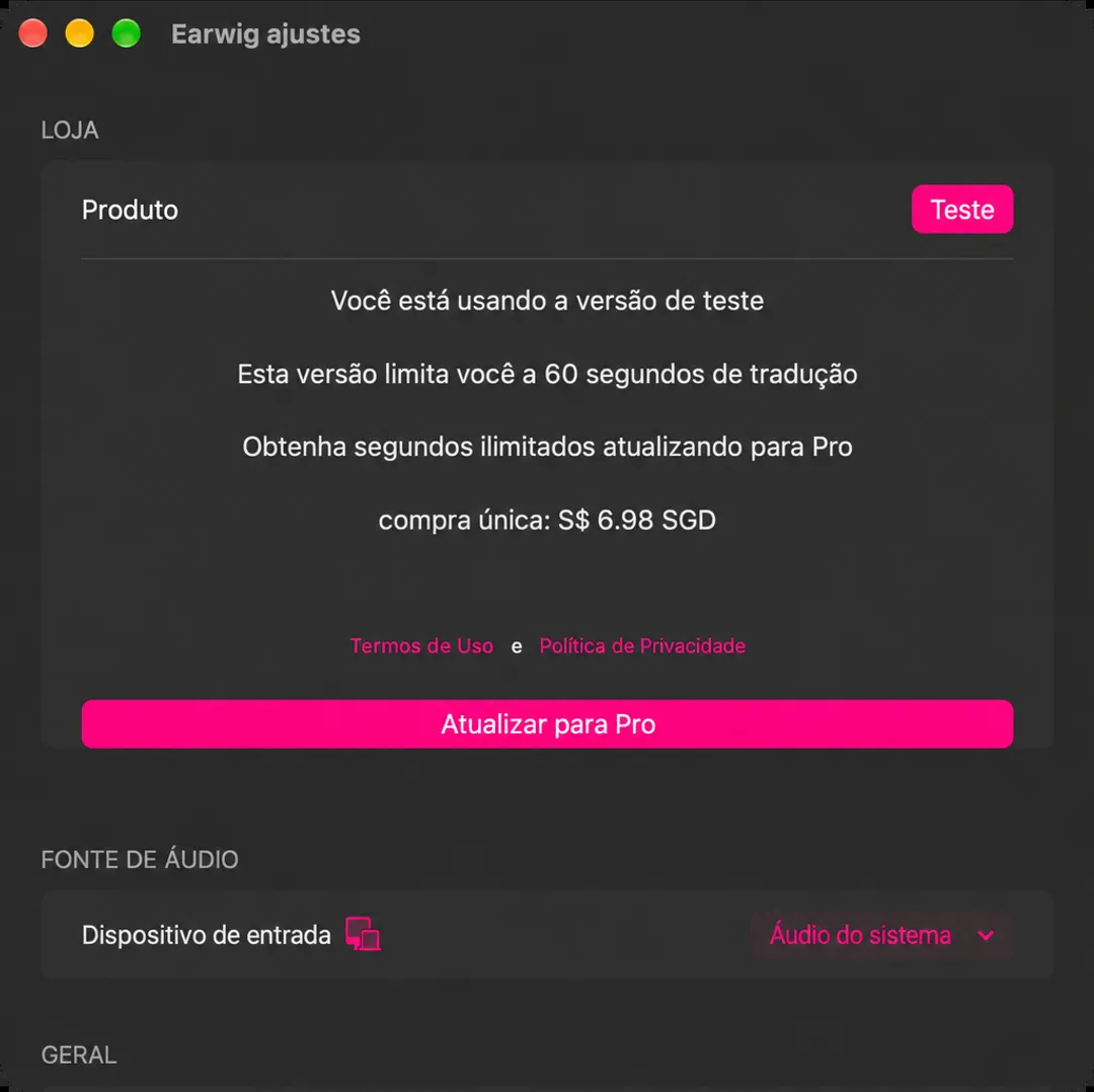 A seção Loja no topo das configurações de Earwig, mostrando o distintivo de Teste, o limite de sessenta segundos, o preço único e um botão de Upgrade para Pro